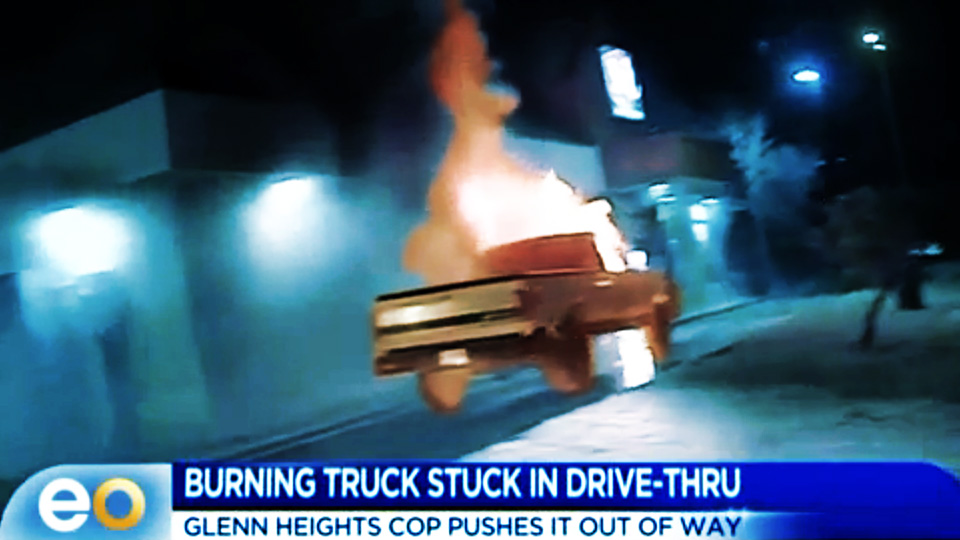 Dashcam video shows Texas officer saving restaurant from burning truck